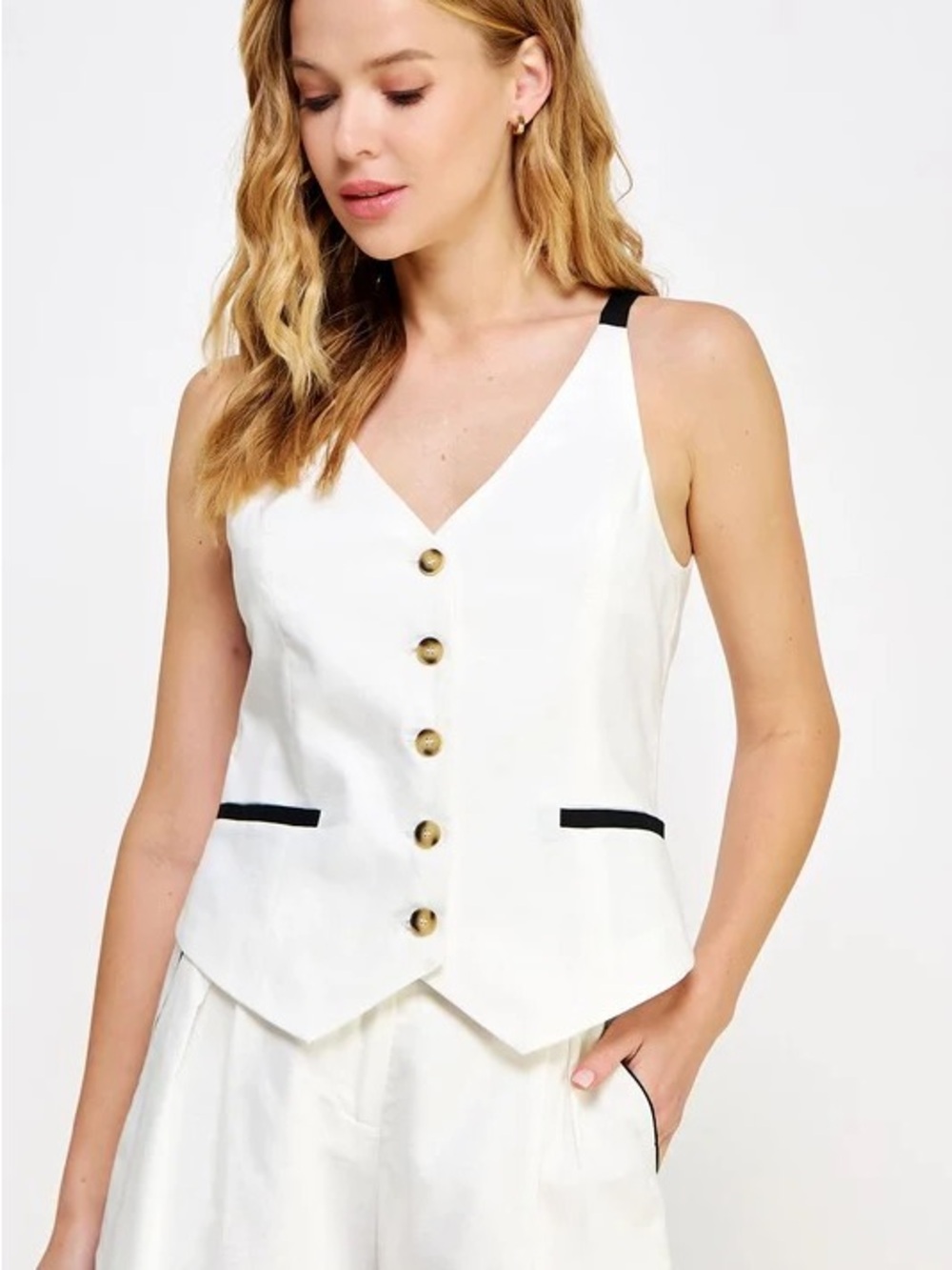 White V-Neck Button Front Tank Vest with Black Trim